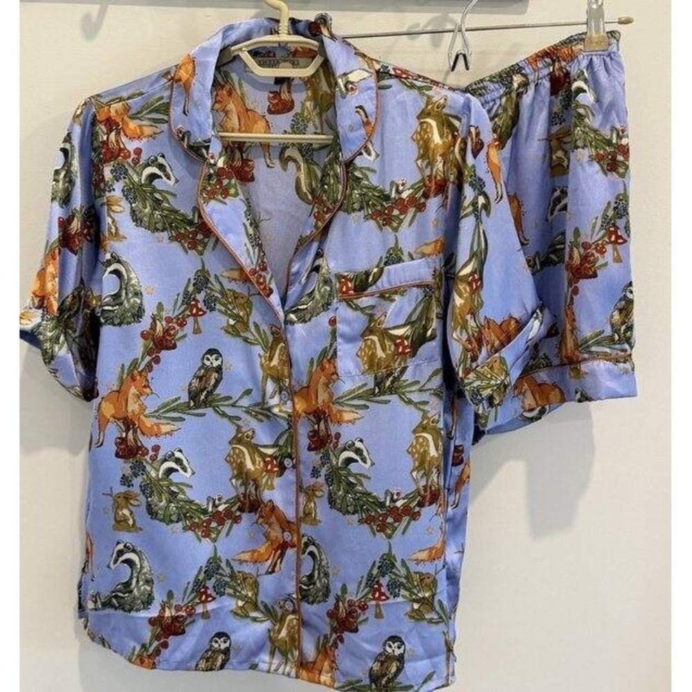 Their Nibs Womens 2pc Pajama Set Blue Woodland Short Sleeve Shorts Satin Size M